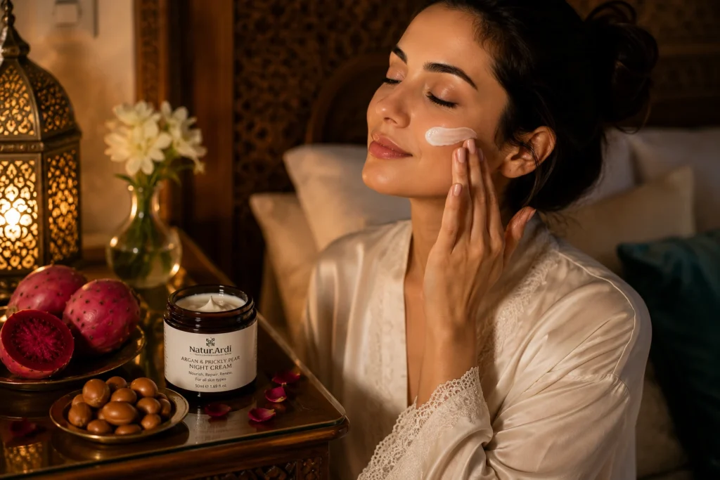 Applying Moroccan nila face mask as weekly deep cleansing step