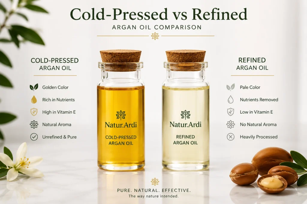 Comparison of cold-pressed golden argan oil vs refined pale argan oil in two glass vials