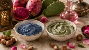Moroccan green clay mask applied to oily T-zone area of face