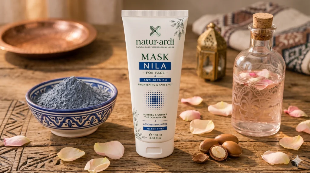 Nila face mask paste being mixed with rose water in a wooden bowl